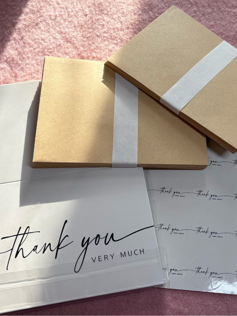 25 Blank Thank You Very Much Card Set in White w/Tan Envelopes + Stickers